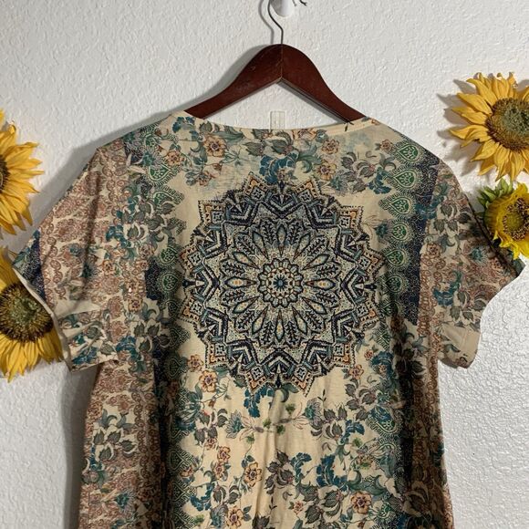 One World Live And Let Live Sublimation Short Sleeve Boho Blouse Sz XL Women’s - Picture 6 of 9